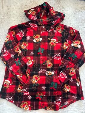 No Boundaries Red Plaid Reindeer Hooded Pullover